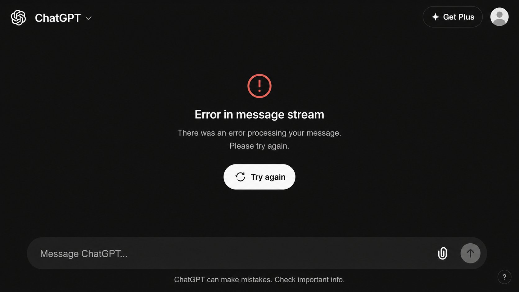chat gpt error in message stream