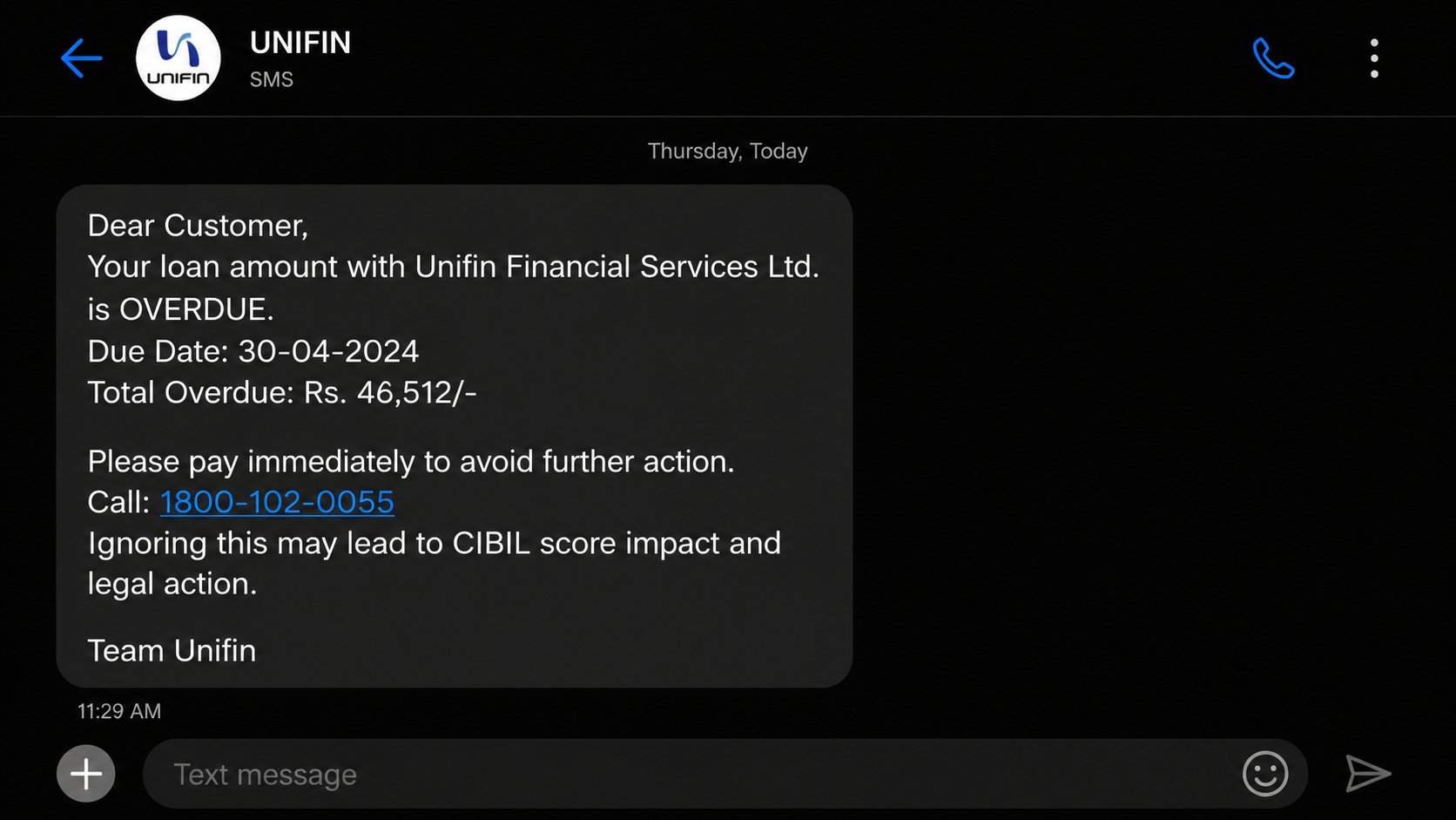 unifin debt collector text message